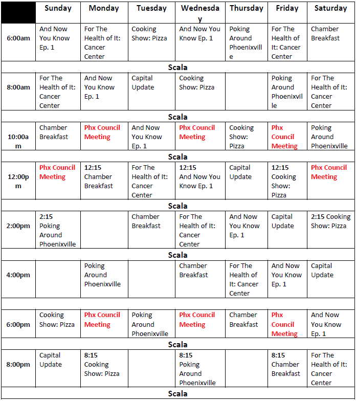 The Phoenixville Network’s Latest Schedule