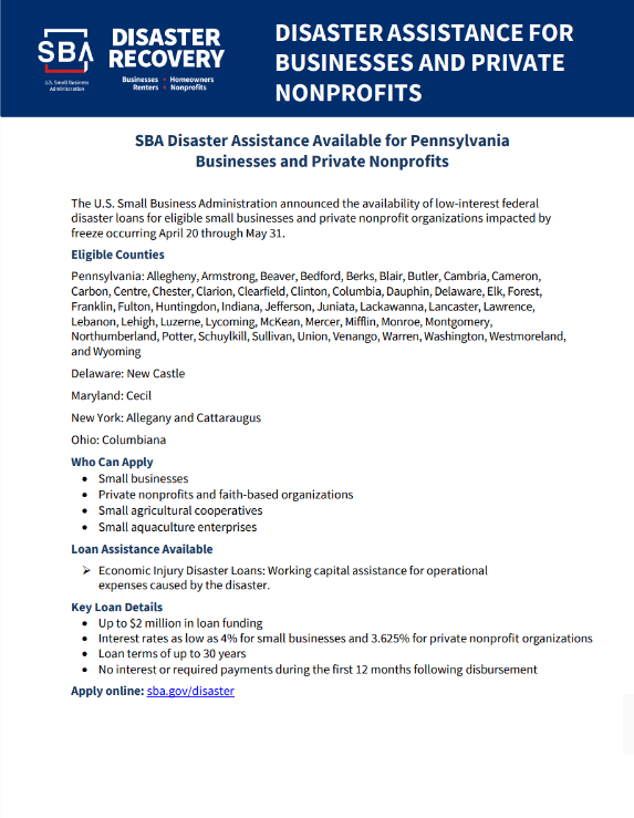 SBA Disaster Assistance Available for Pennsylvania Businesses and Private Nonprofits